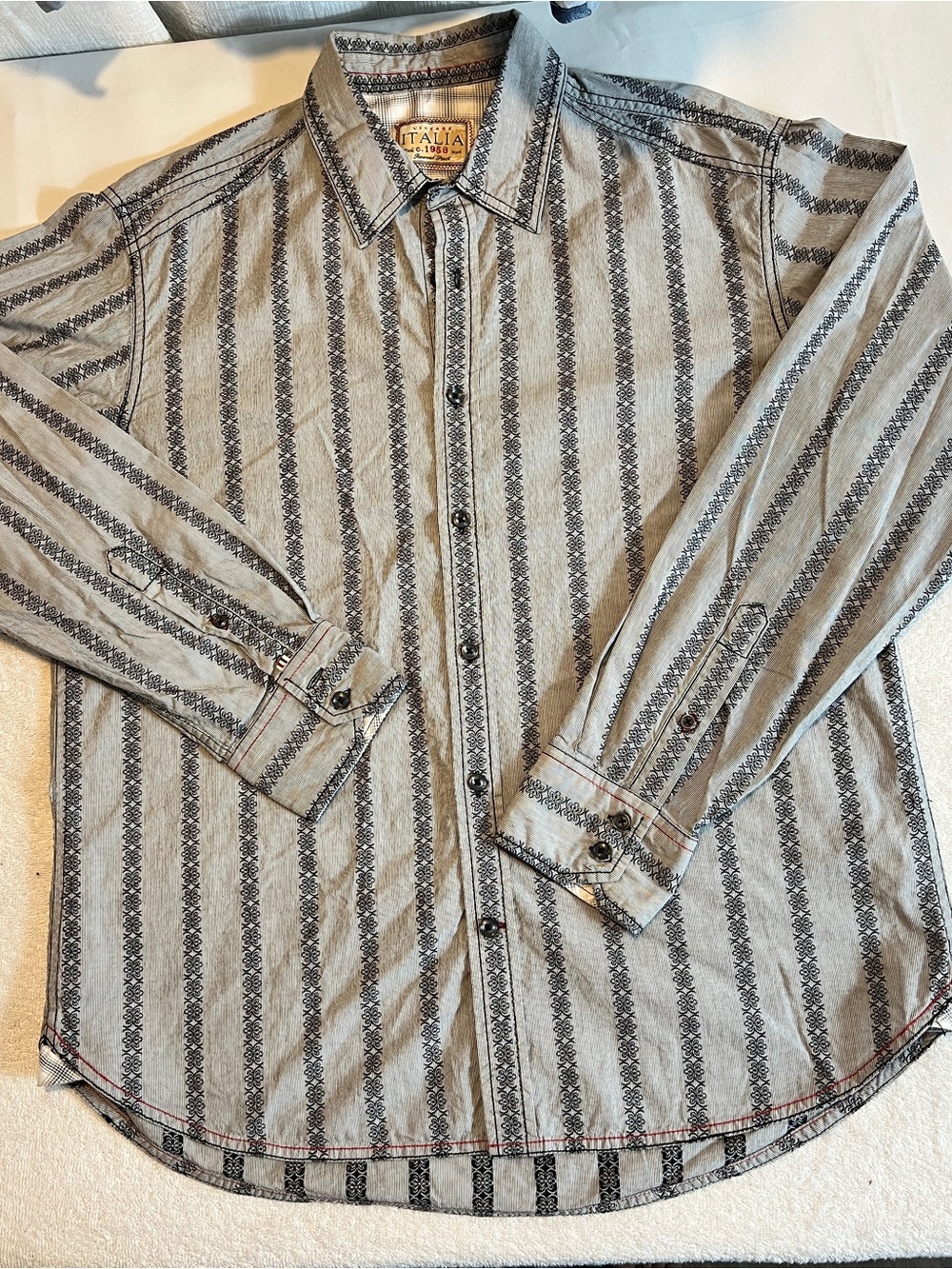 Italina Gray and Black Striped Casual Button-Down Shirt size large